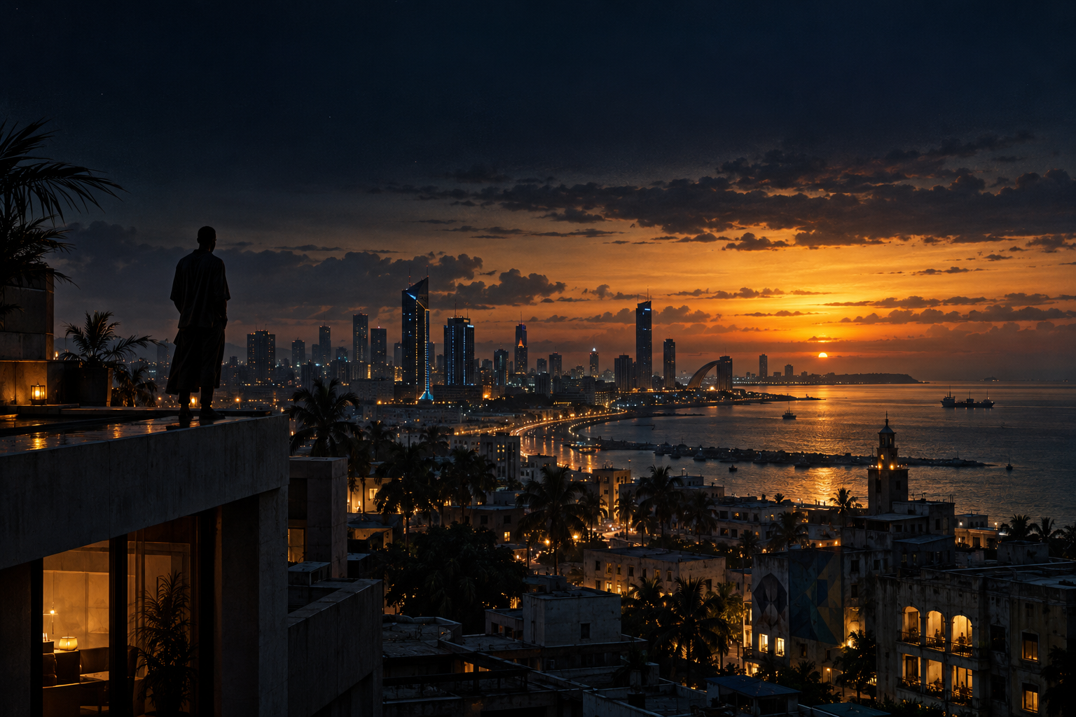 An imagined coastal city at dusk
