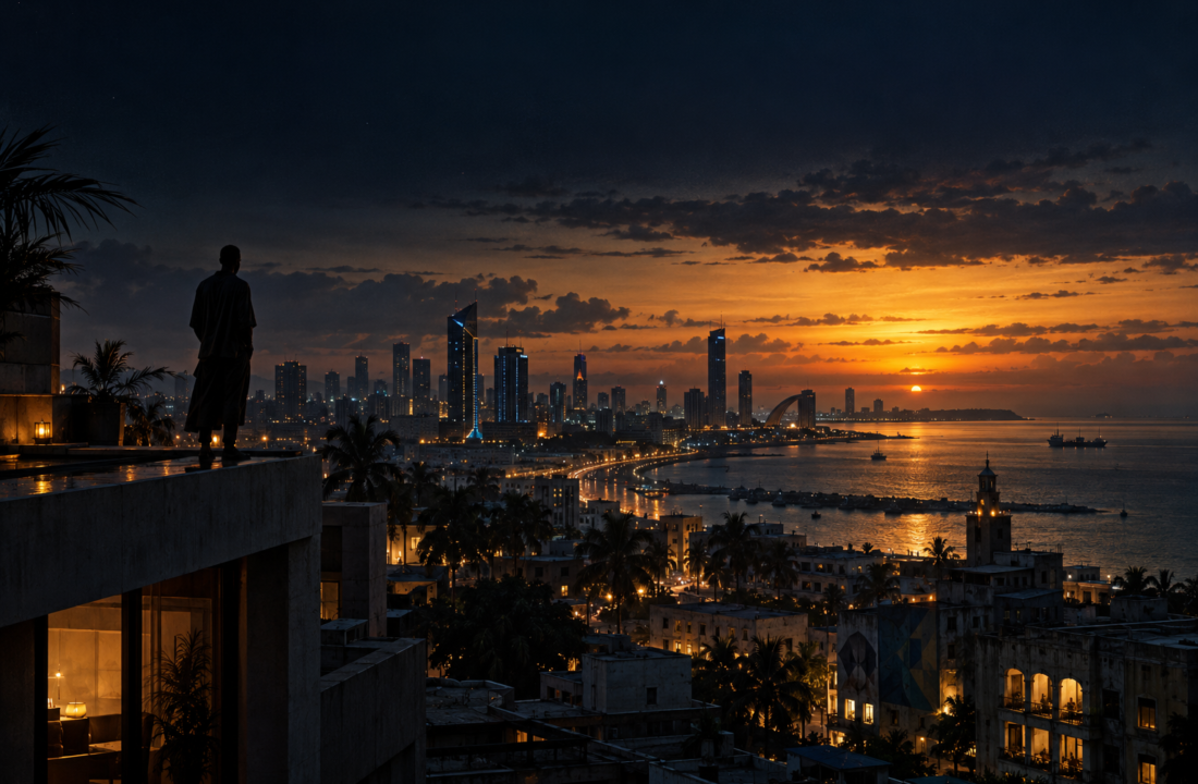 A solitary figure on a rooftop overlooking an imagined coastal city at dusk.