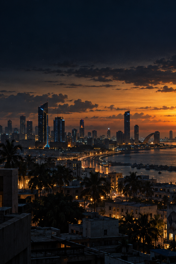A solitary figure on a rooftop overlooking an imagined coastal city at dusk.