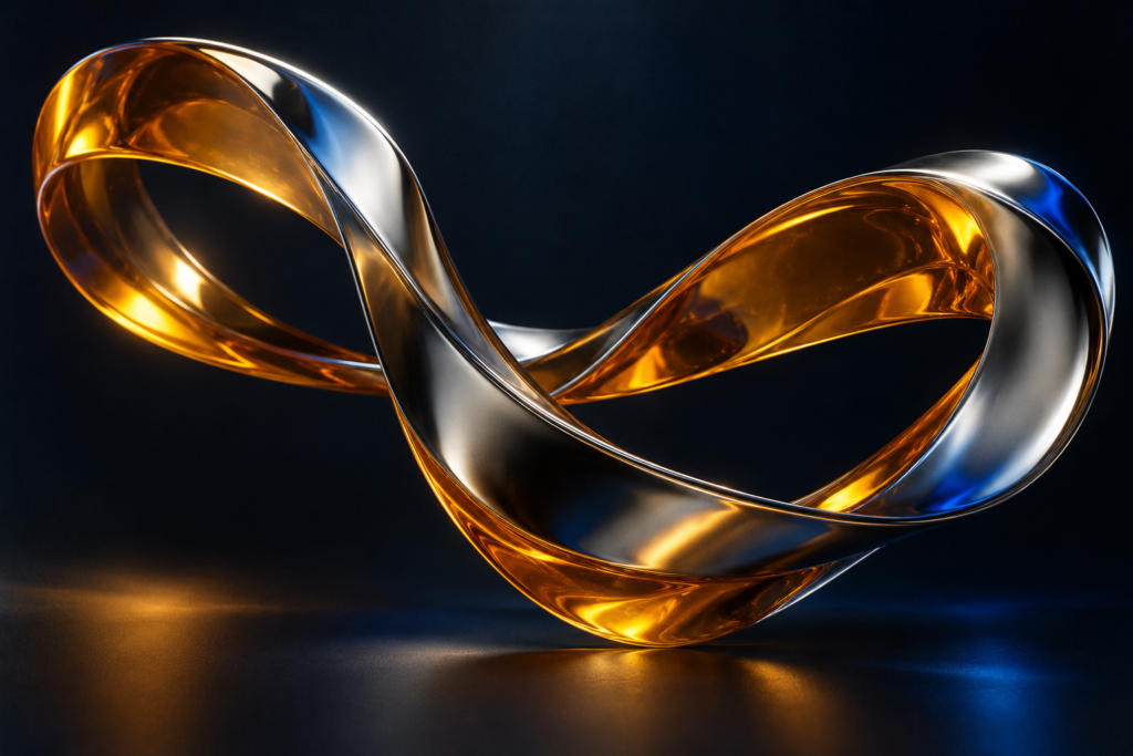 Sculptural chrome and translucent amber forms against a dark background.