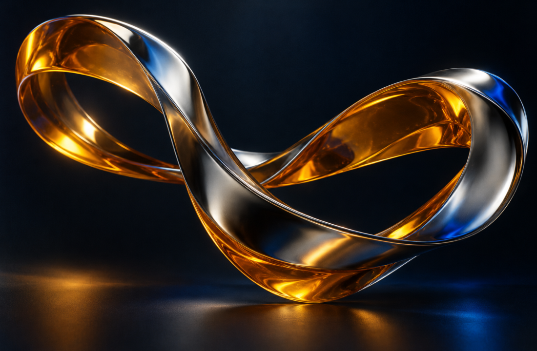 Sculptural chrome and translucent amber forms against a dark background.