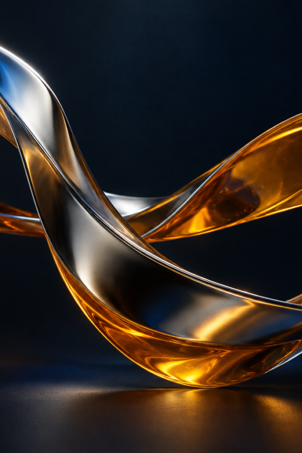 Sculptural chrome and translucent amber forms against a dark background.