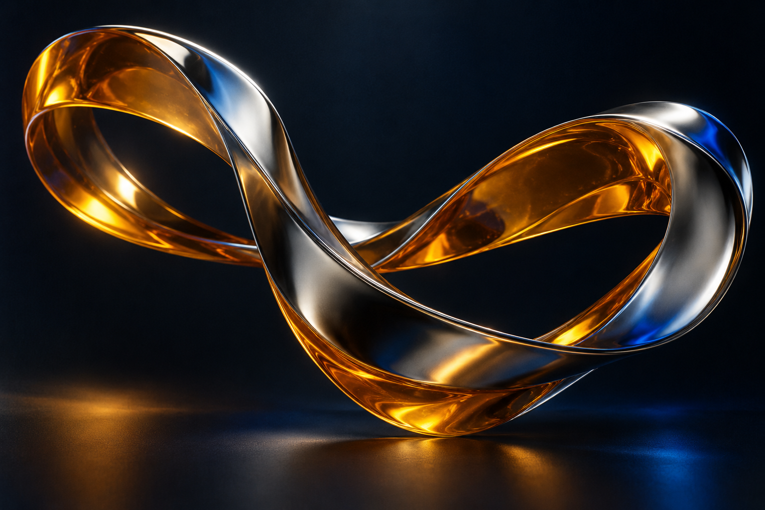 Sculptural chrome and translucent amber forms against a dark background.