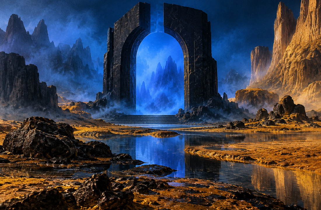 A monumental dark gateway in an imagined blue and amber landscape.
