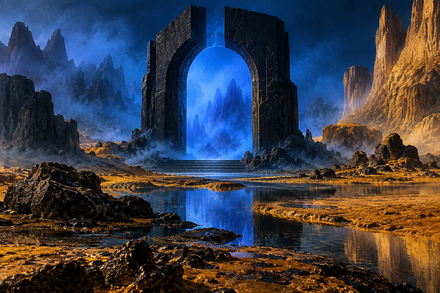 A monumental dark gateway in an imagined blue and amber landscape.